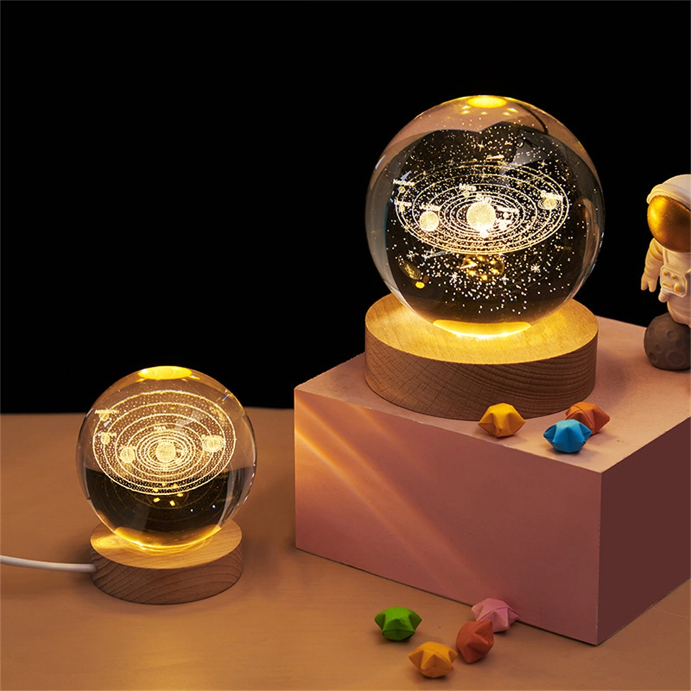 3D Luminous Solar System Carved LED Crystal Ball with Removable Ball